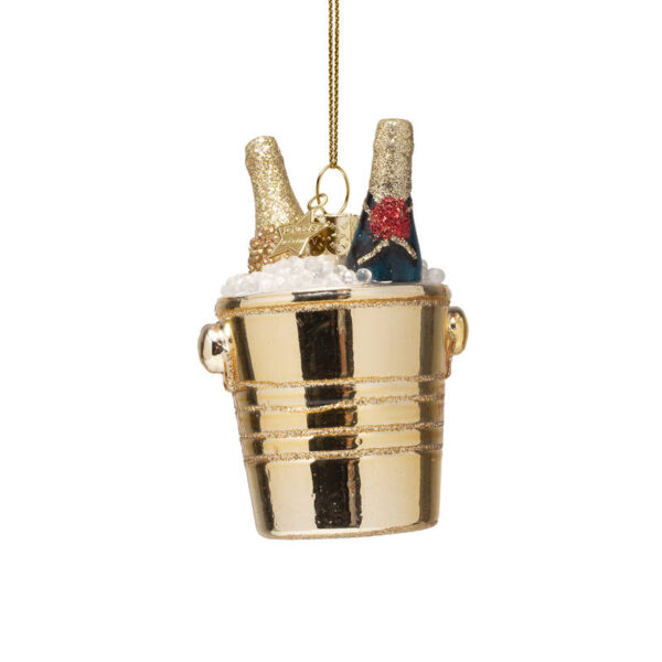 Ornament glass bottles of champagne in gold cooler