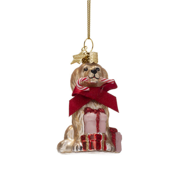 Ornament glass cockapoo dog w/candy cane