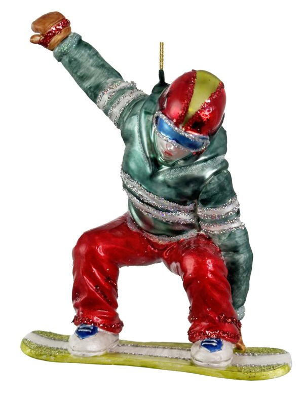 GLASS SNOWBOARDER ORNAMENT RED-GREEN 17CM