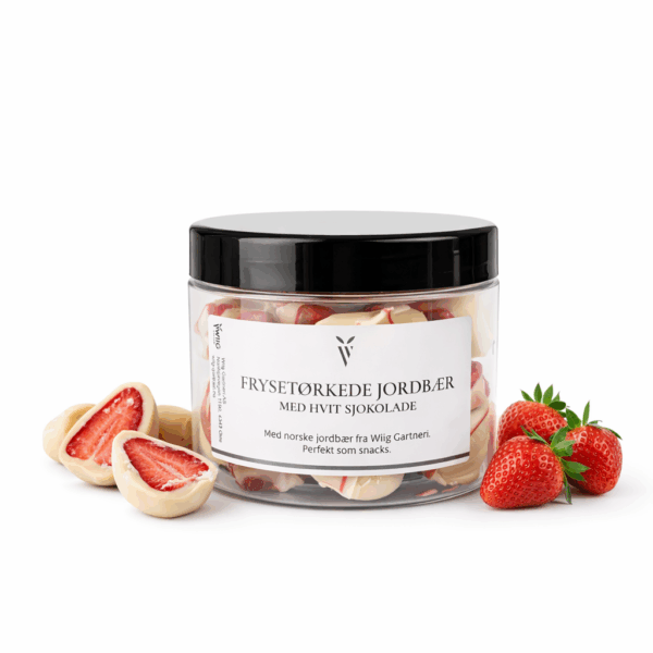 Frysetørkede jordbær med hvit sjokolade